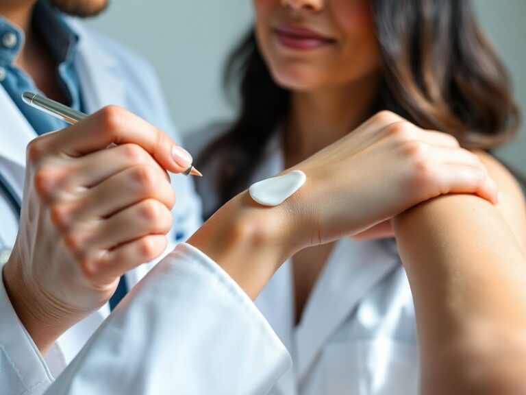 A close-up of a person applying sunscreen to their arm, with a serene beach background. The sunscreen is nearly invisible, hi