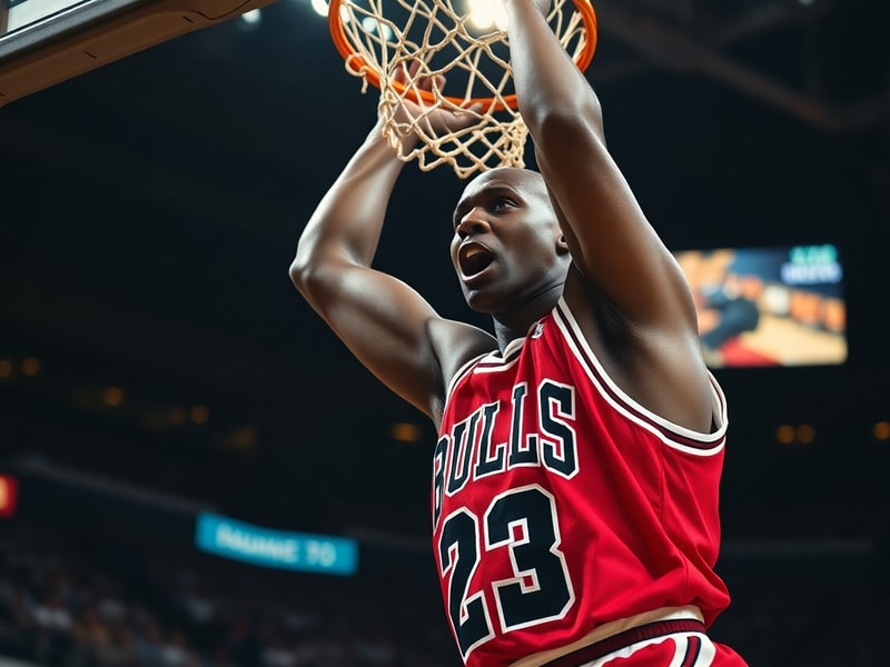 A dynamic action shot of Michael Jordan mid-dunk in a Bulls jersey, with a vintage 1990s basketball court in the background,