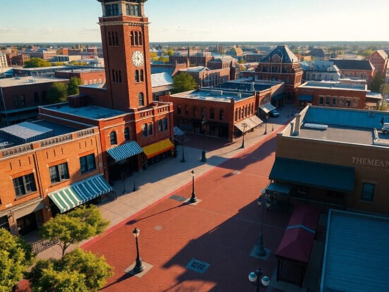 A vibrant daytime photo of McKinney, Texas' historic downtown square, featuring the Collin County Courthouse, colorful storef