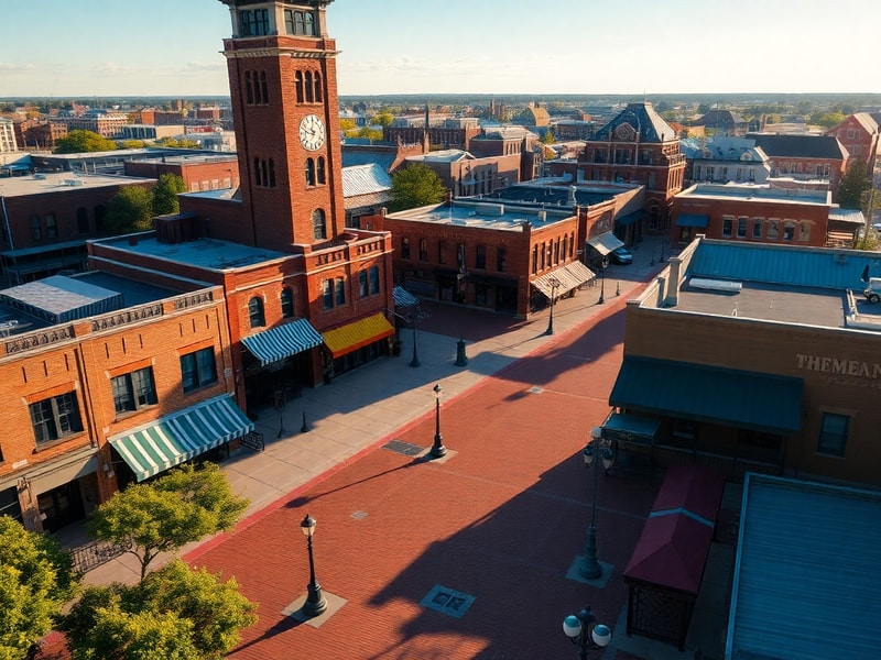 A vibrant daytime photo of McKinney, Texas' historic downtown square, featuring the Collin County Courthouse, colorful storef