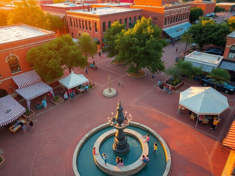 A vibrant aerial view of McKinney, Texas, showcasing its historic downtown with brick buildings, a bustling town square, and