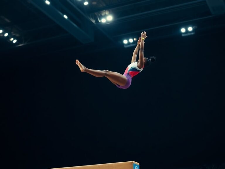 Simone Biles mid-performance on the balance beam at an indoor arena, wearing her Team USA leotard, her expression focused but