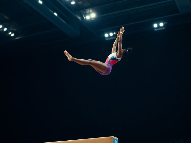 Simone Biles mid-performance on the balance beam at an indoor arena, wearing her Team USA leotard, her expression focused but