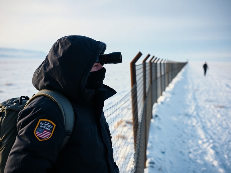 A split-image illustration showing a U.S. Border Patrol agent on one side and an ICE enforcement operation on the other, with