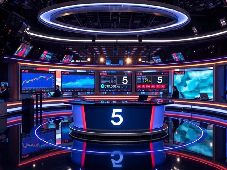 A modern news studio with a digital LED wall displaying financial charts and graphs. The set features a sleek, futuristic des