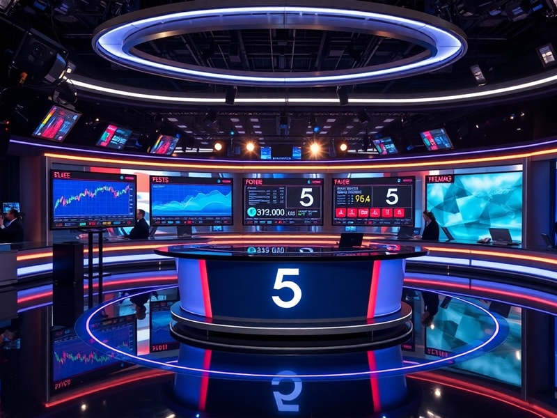 A modern news studio with a digital LED wall displaying financial charts and graphs. The set features a sleek, futuristic des