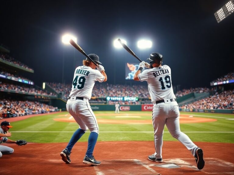A dynamic shot of a Mariners batter swinging against an Orioles pitcher at T-Mobile Park, with the stadium crowd blurred in t