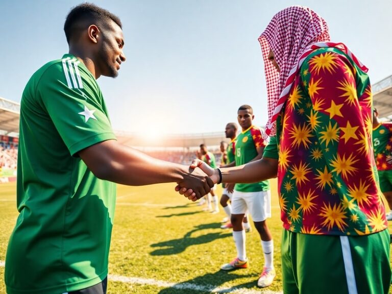 A dynamic action shot of Senegalese and Saudi Arabian players mid-match, with Senegal in green and Saudi in white, set agains