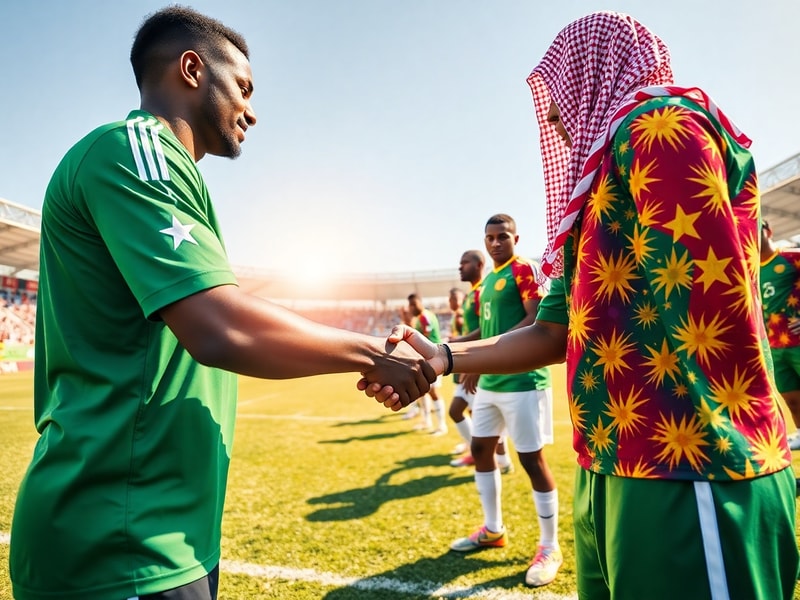 A dynamic action shot of Senegalese and Saudi Arabian players mid-match, with Senegal in green and Saudi in white, set agains
