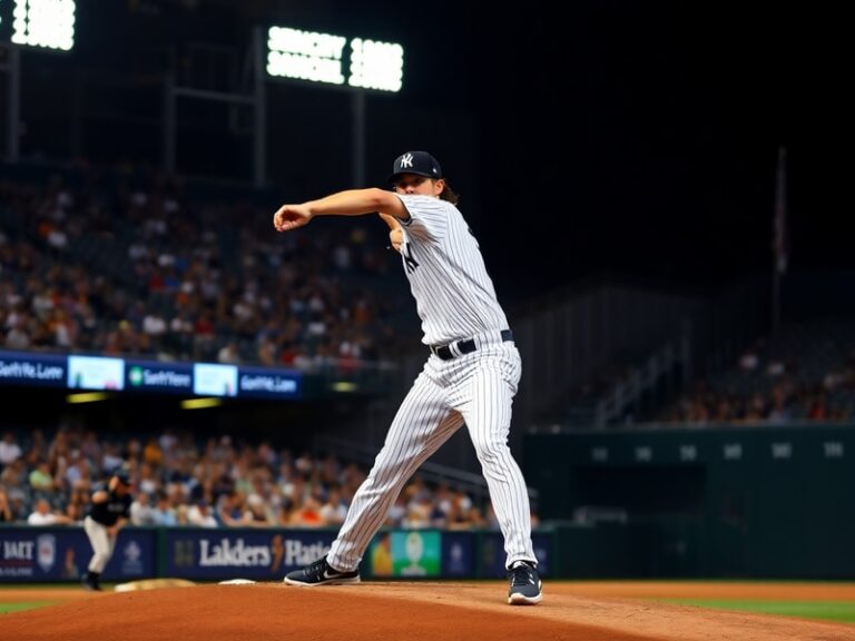 Gerrit Cole in a New York Yankees uniform, mid-pitch during a game at Yankee Stadium, with a focused expression and the iconi