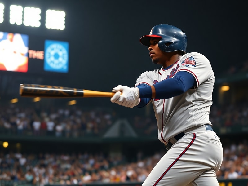 A dynamic action shot of Ronald Acuña Jr. mid-swing at Truist Park, wearing his Atlanta Braves uniform, with a blurred backgr