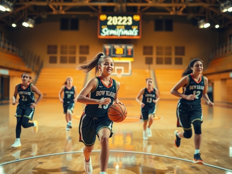A dynamic action shot of Olivia Miles in a Notre Dame uniform, dribbling past defenders on a polished basketball court, with