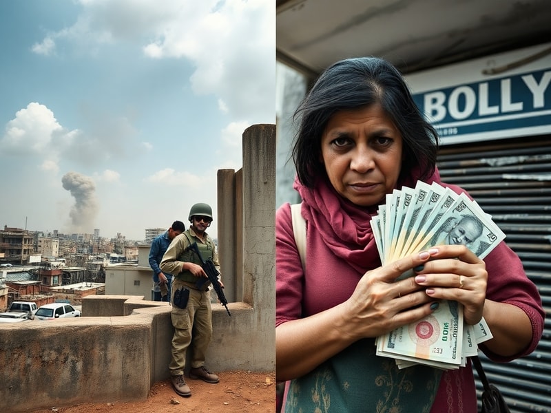 A split-image composition showing a bustling Baghdad street with ancient architecture in the background and a Caracas street