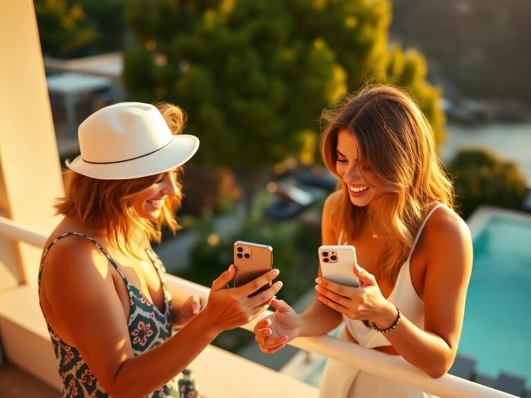 A smartphone displaying the Love Island app interface, with a villa background and islanders' photos on screen, set against a