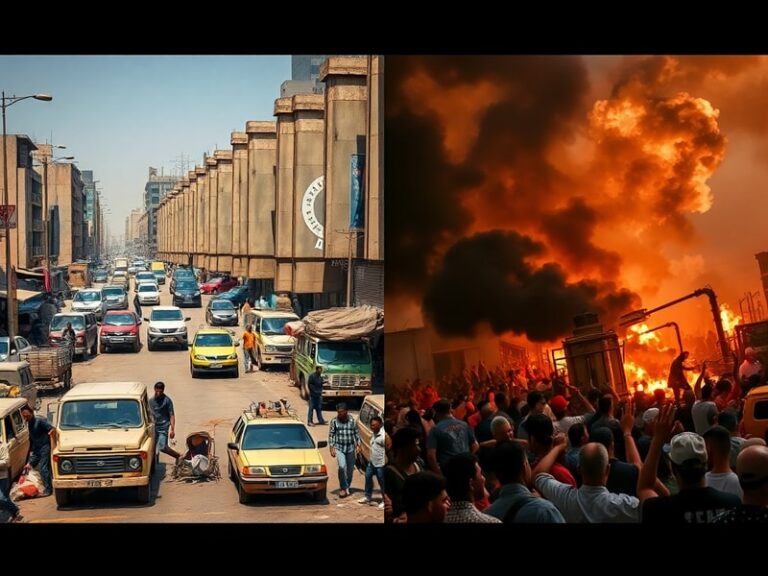 A split-screen image showing a crowded Venezuelan protest with barricades and an Iraqi oil field with flaring gas in the back