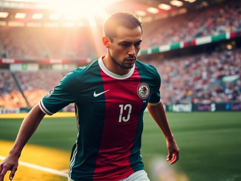 A dynamic photo of a Mexico national team jersey displayed on a mannequin, with the iconic green and white stripes prominentl