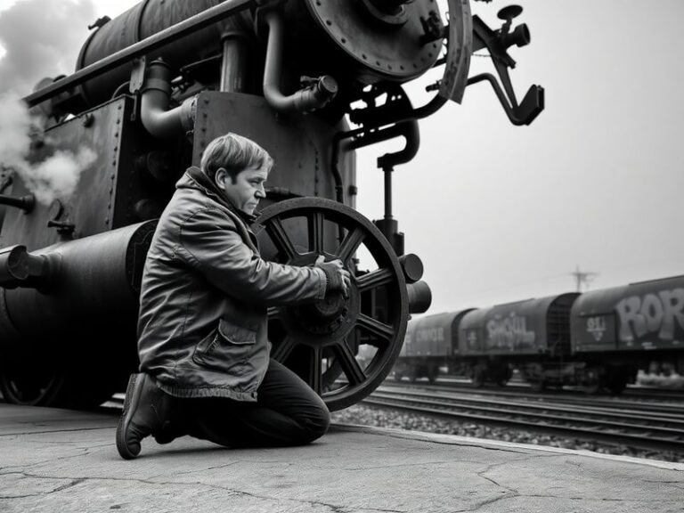A vintage-inspired photograph of a steam locomotive pulling into a station, with a young enthusiast holding a notebook and bi