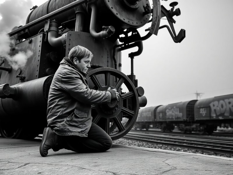 A vintage-inspired photograph of a steam locomotive pulling into a station, with a young enthusiast holding a notebook and bi