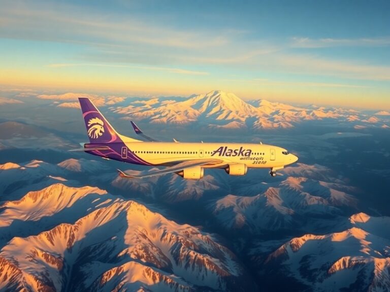 A modern Alaska Airlines Boeing 737 MAX aircraft taking off from an airport in the Pacific Northwest, with snow-capped mounta