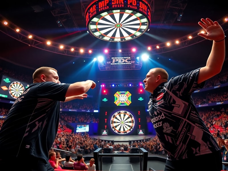 A vibrant arena filled with international darts players competing on stage, surrounded by cheering fans from diverse backgrou