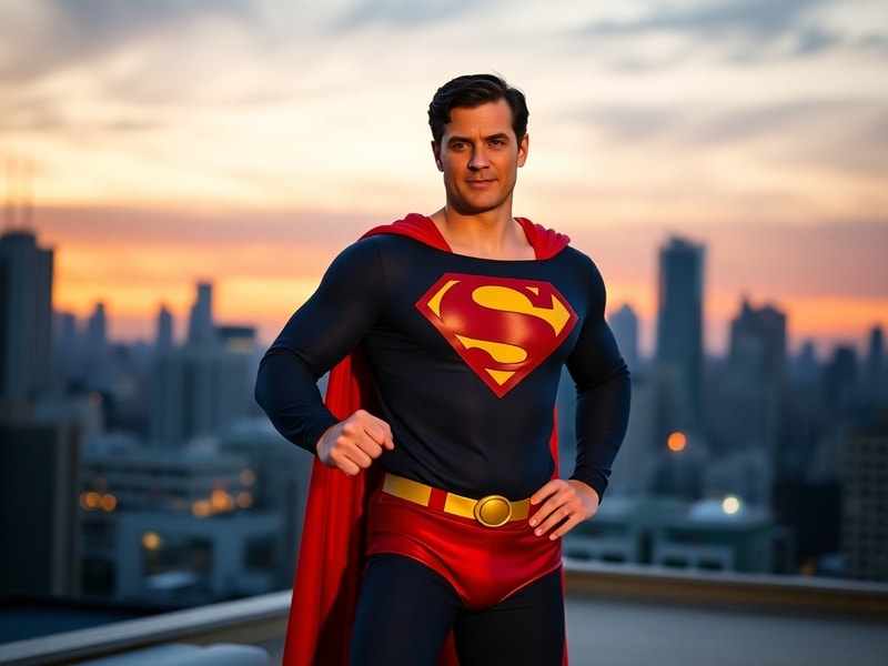 A split-image design showing Dean Cain in his iconic Superman costume on the left, and in a modern, casual outfit on the righ