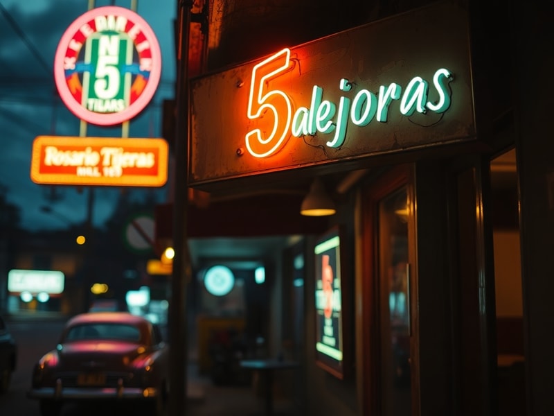 Fotograma de Rosario Tijeras con Barbara de Regil en primer plano, fondo de Bogotá nocturno con luces neón y ambiente oscuro.