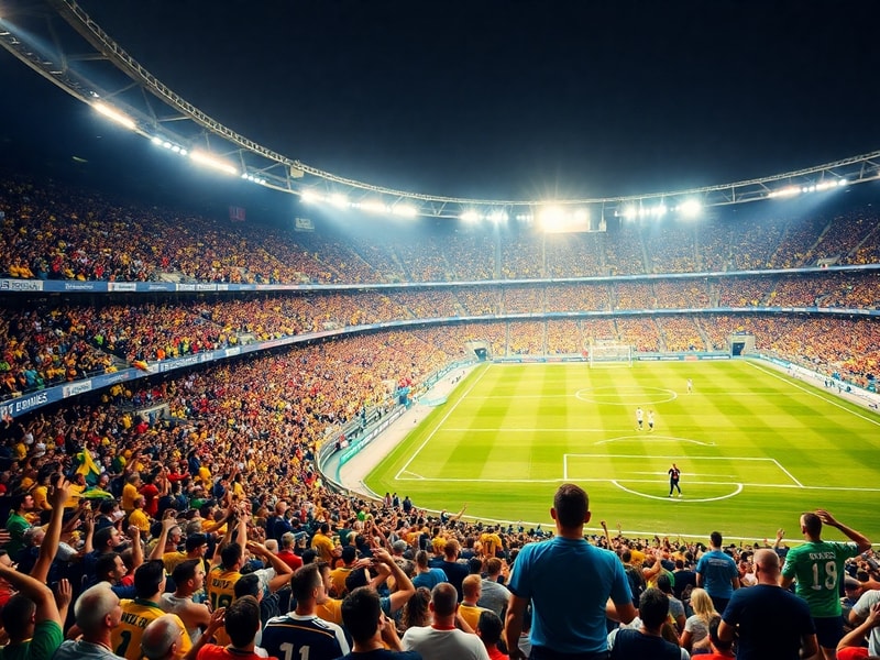 A vibrant stadium filled with cheering fans under floodlights, showcasing a World Cup match with players in action. The atmos