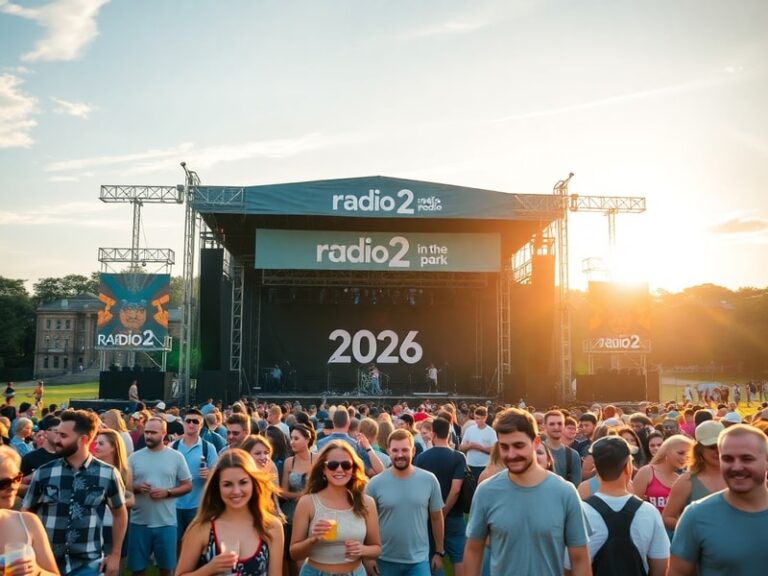A vibrant outdoor stage set in Abbey Park, Leicester, during golden hour. Crowds of festival-goers sit on grass with Radio 2-