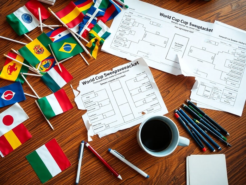 A lively scene of friends gathered around a table, drawing names from a hat during a World Cup sweepstake, with colorful team