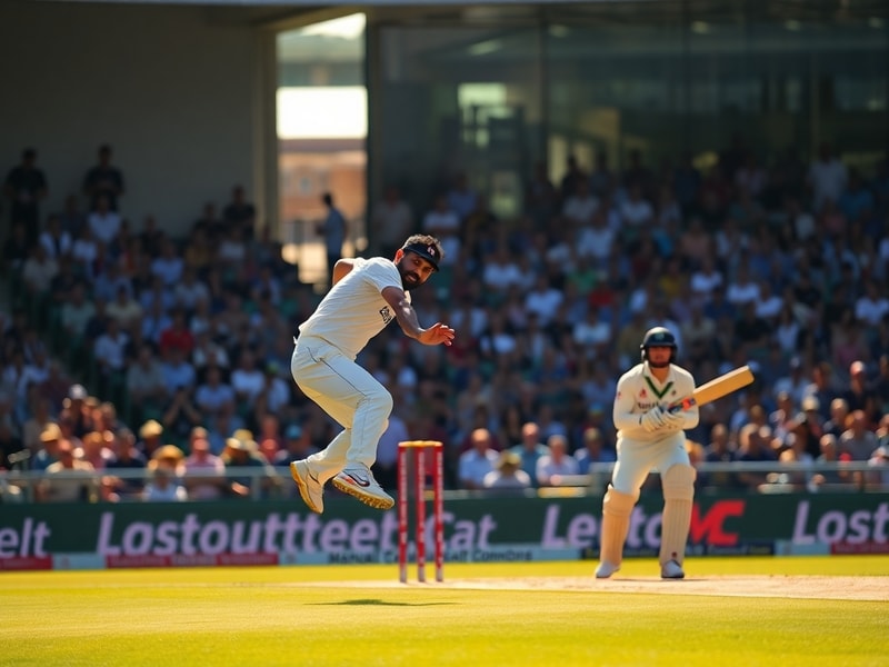 A vibrant cricket stadium packed with fans, showing the intense atmosphere of an India vs England match. The Indian flag and