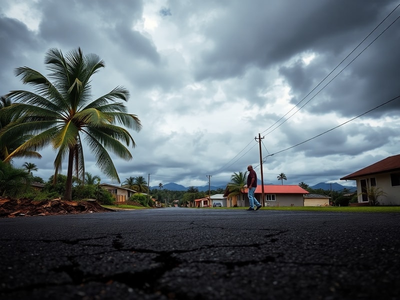 A dramatic photograph of a cracked road on Hawaii's Big Island with the Kīlauea volcano looming in the background, capturing