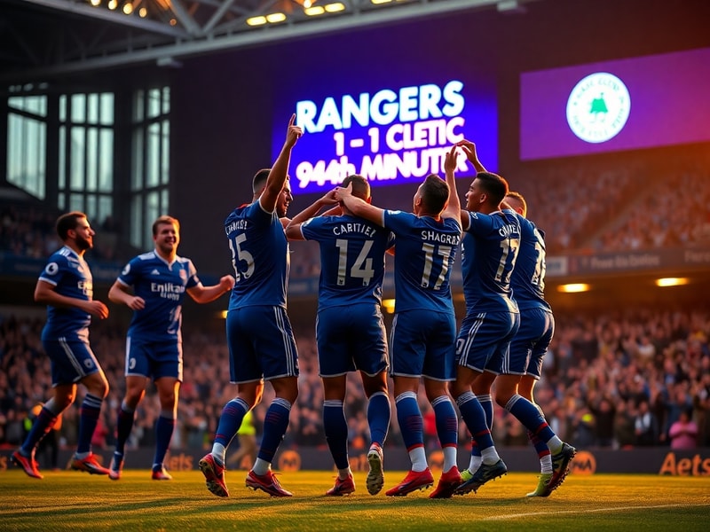 A vibrant shot of Ibrox Stadium during a match, capturing the electric atmosphere with fans in the stands, the pitch illumina