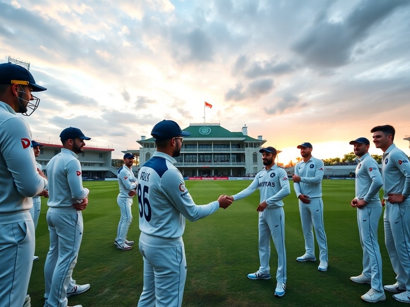 A vibrant cricket stadium packed with fans, featuring players from both England and India shaking hands at the toss. The sett