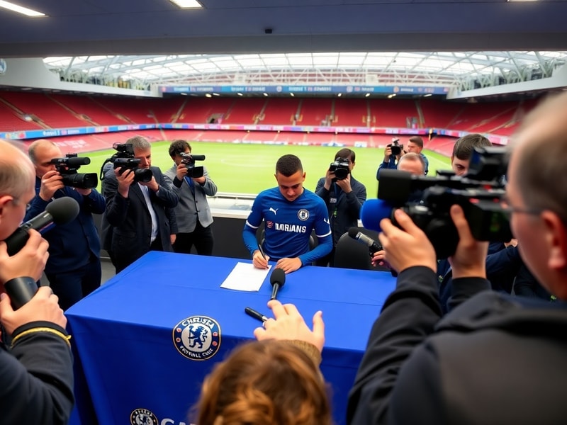 A dynamic image of Chelsea's Stamford Bridge stadium with a digital overlay showing transfer news headlines. The scene includ