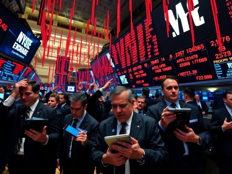 A digital trading floor with multiple screens showing red downward arrows and stock ticker data. The mood is tense, with trad