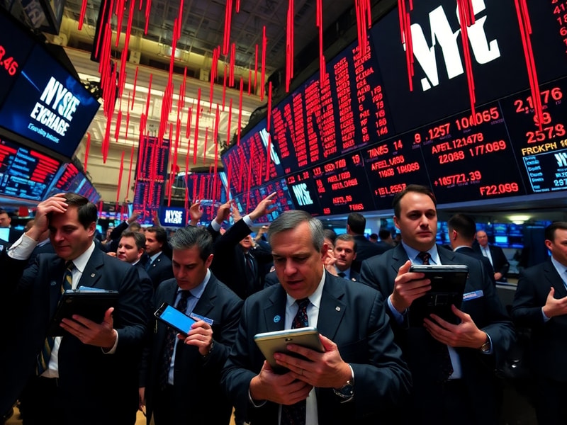 A digital trading floor with multiple screens showing red downward arrows and stock ticker data. The mood is tense, with trad