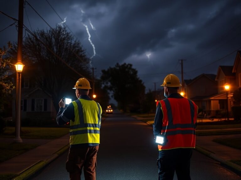 A utility worker in a hard hat inspects a damaged power line after a storm, with emergency lights illuminating the scene and