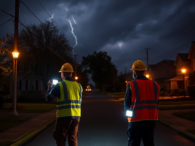 A utility worker in a hard hat inspects a damaged power line after a storm, with emergency lights illuminating the scene and