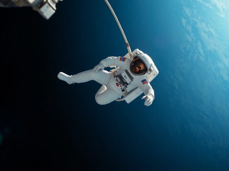 A high-resolution image of an astronaut in a white spacesuit performing a spacewalk outside the International Space Station,