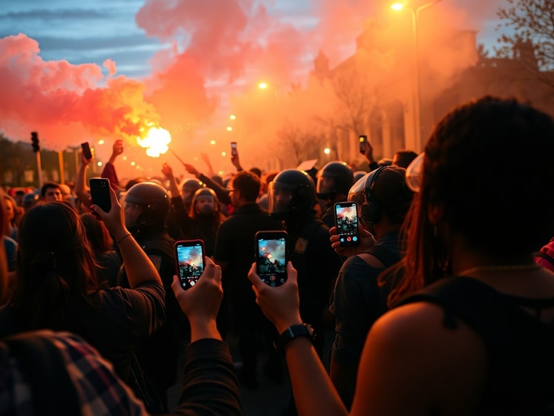 A split-screen image: on one side, a smartphone displaying a viral tweet with a 'trending' hashtag; on the other, a courtroom