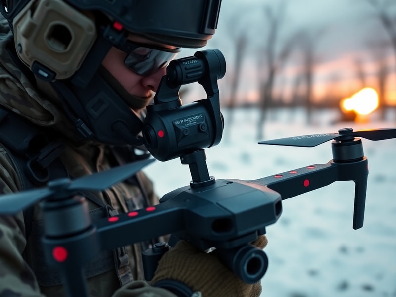 A Ukrainian soldier operating a modified FPV drone at dusk, with a battlefield in the background showing artillery impacts. T