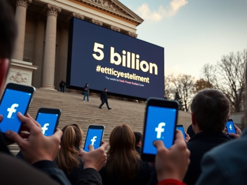 A split-screen image showing a smartphone displaying Facebook's privacy settings on one side, and a gavel striking a document