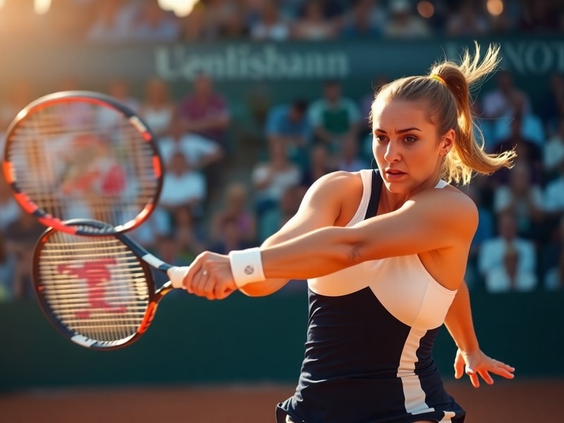A dynamic action shot of Karolína Plíšková mid-serve on a blue hard court, wearing a white Nike outfit, with a focused expres