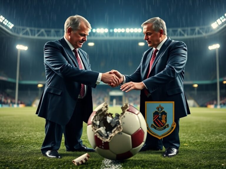 A split-image visual contrasting Everton’s financial struggles and Burnley’s fiscal prudence. Left side: Everton’s Goodison P