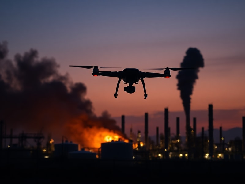 Aerial view of a damaged oil refinery in western Russia, with smoke rising from targeted facilities. The scene is set during