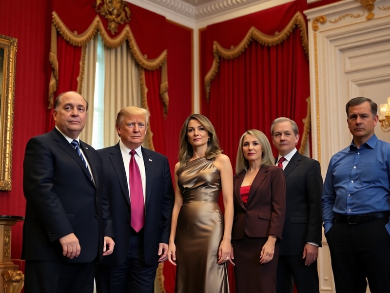 A formal portrait of the Trump family, including Donald Trump, Melania Trump, and their children, set against a backdrop of t