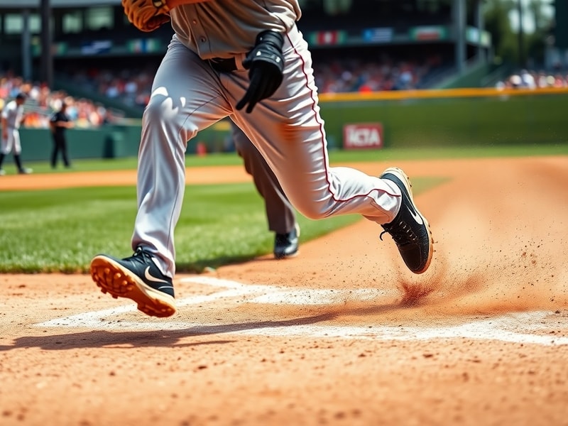 A dynamic action shot of Dalton Rushing sliding head-first into home plate during a UCLA baseball game, with dust flying, cat