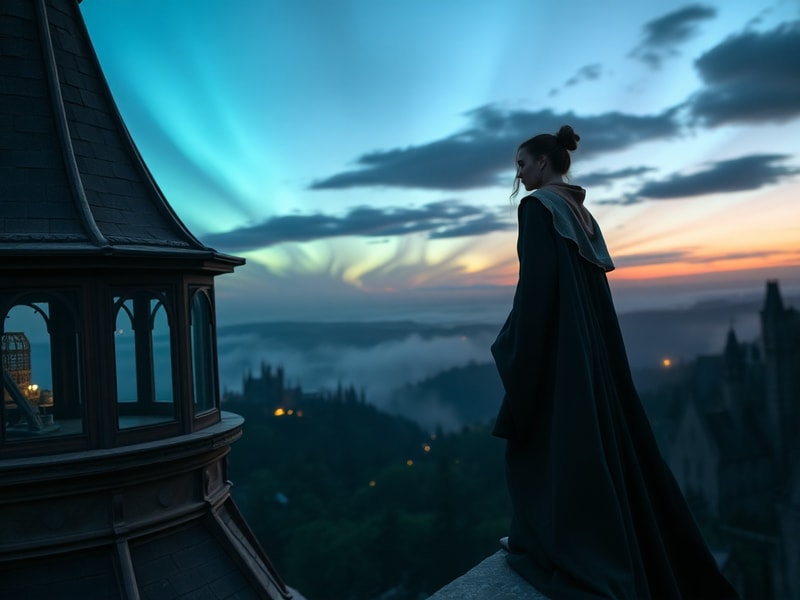 A cinematic image of Hogwarts castle at twilight, with magical auroras in the sky and a player character casting a spell in t