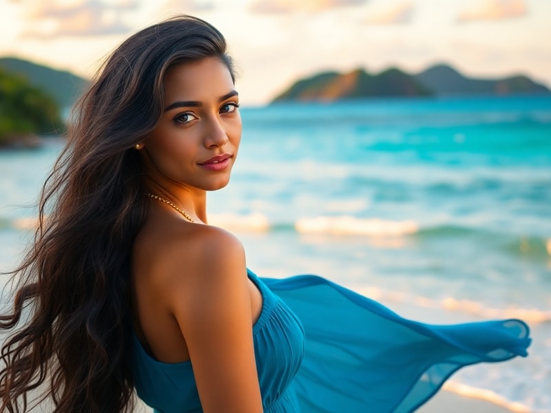 A vibrant tropical scene with Moana standing on a lush island, holding a torch, with the ocean and a traditional Polynesian c