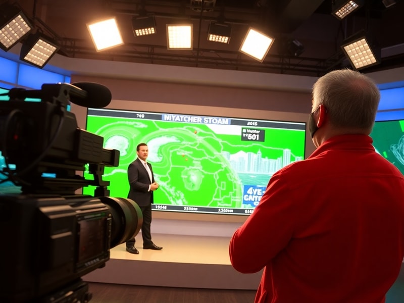 A meteorologist in front of a green screen weather map, pointing to a severe weather alert over Wisconsin. The scene is set i